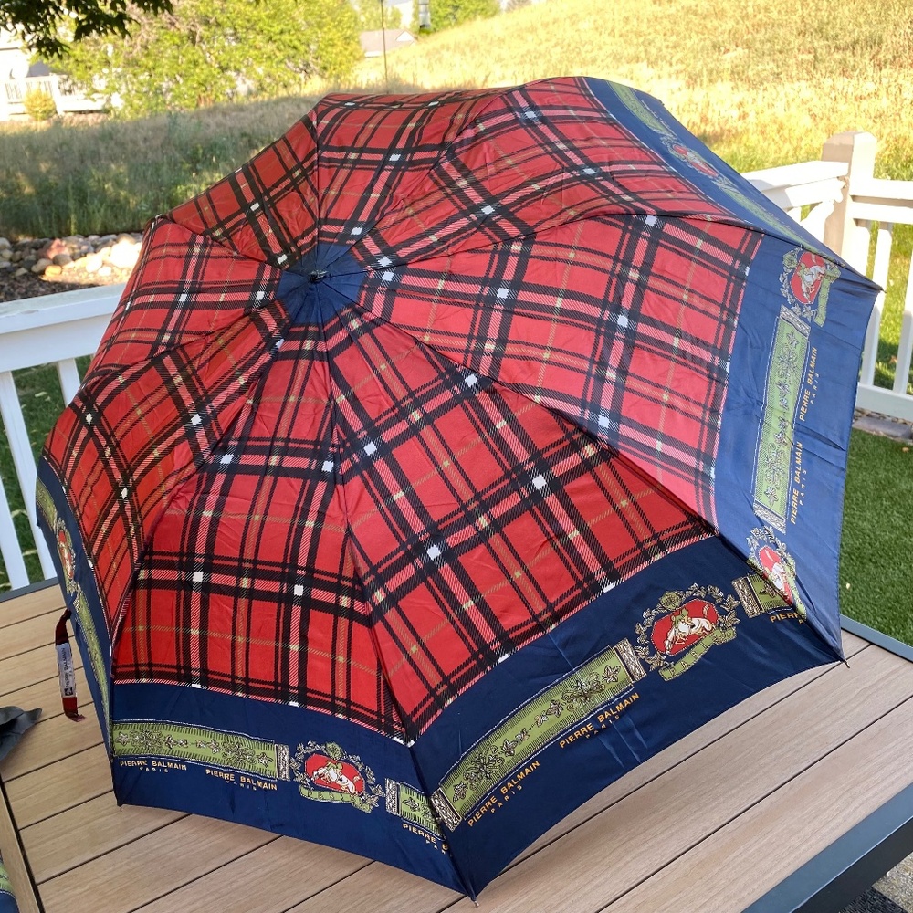 Pierre Balmain Collapsable Umbrella • Red Plaid • Equestrian • With Sleeve